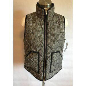 J. Crew Black and Tan Chevron Print Zip-Up Quilted Puffer Vest, Size Small